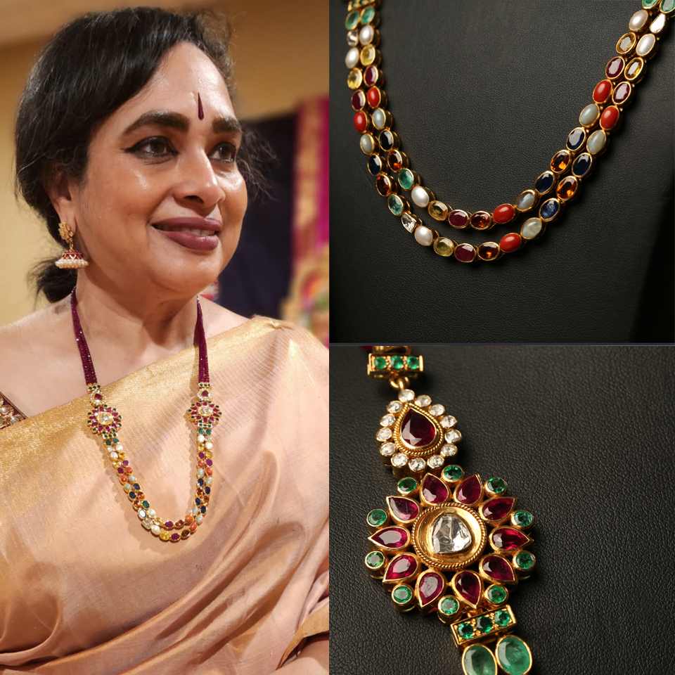 “I got introduced to Kamna Designs and got to buy their Navarathna necklace – double strands of handpicked precious stones set in gold with ruby beads strands and floral mugappu … stunning heirloom piece and I love it Kamna designs has a wide selection of jewelry pieces be diamond ruby snd emerald and not yo mention Jadau – I took a great liking for all their one of a kind heirloom designs be it necklaces or their rakodi pendants and bangles – designs deeply rooted in tradition with no compromise on quality of gold or precious stones and at the same time – contemporary -very versatile pieces that can be worn with traditional attire is western ! Priya the designer is very meticulous in her designs and does not compromise on workmanship or quality – and it shows in the navarathna !.”<br><br>Uma Maheshwaran<h6 class="sc_section_subtitle sc_item_subtitle"></h6>
