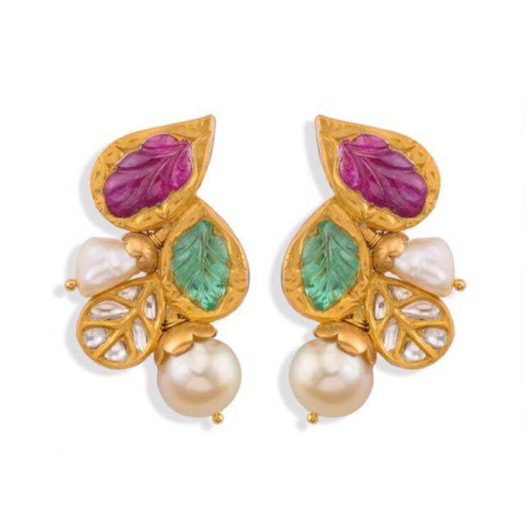 KMN 241 - Floral Diamond Studded Pearl Earring